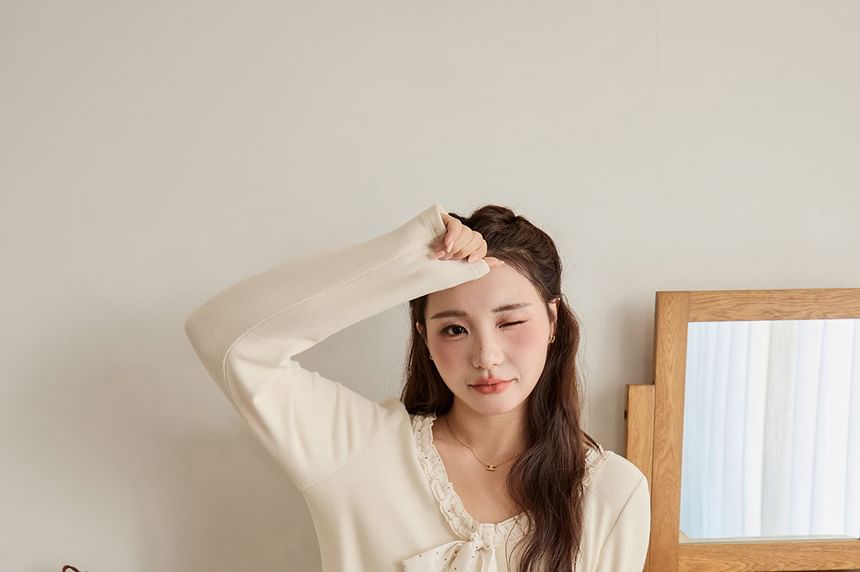 Long-Sleeve V-Neck Dotted Bow Accent Frill Trim Slim Fit T-Shirt