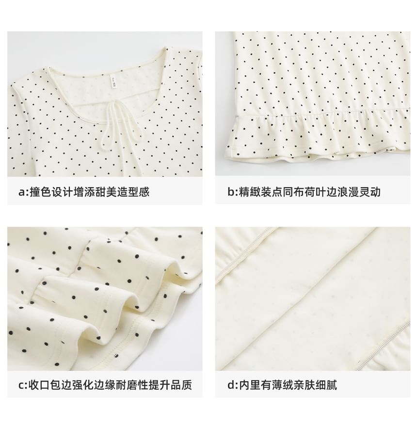 Long-Sleeve Scoop Neck Dotted Ruffle Hem Tie Front Tee
