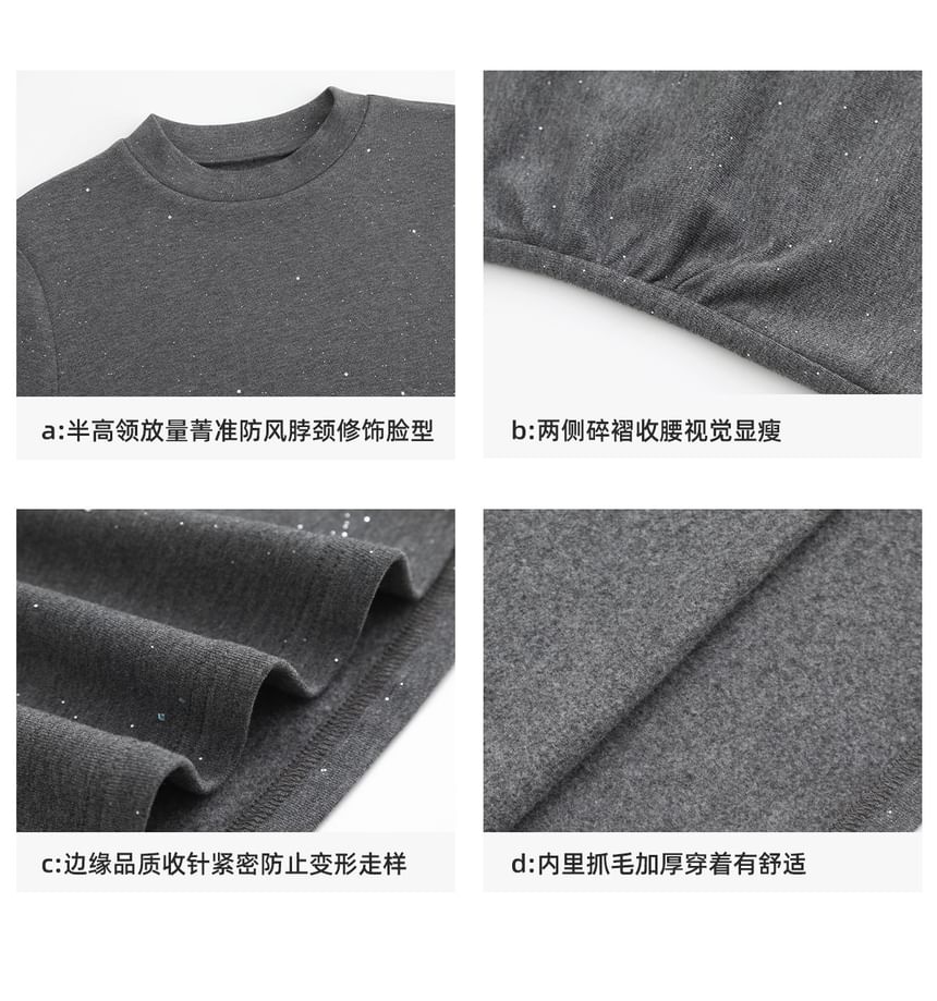 Long-Sleeve Mock Neck Glitter Ruched Tee