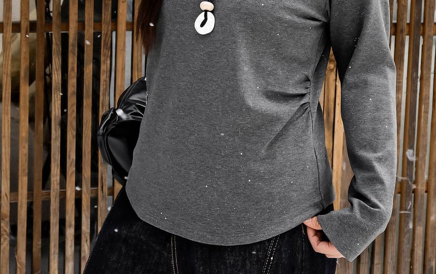 Long-Sleeve Mock Neck Glitter Ruched Tee