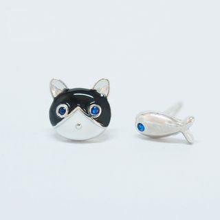Cat 925 and Non-matching Fish Earring Silver Sterling