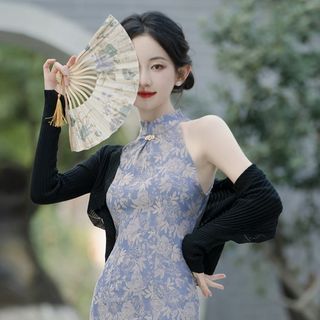 Sleeveless Floral Midi Qipao / Plain Cardigan / Set