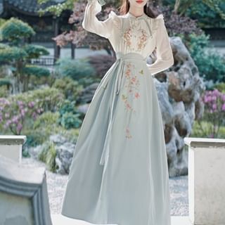 Long-Sleeve Embroidered Hanfu Top / High Waist Maxi A-Line Skirt / Set