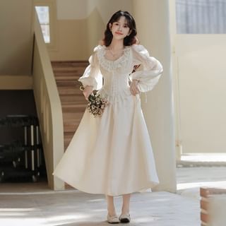 Set: Long-Sleeve Scoop Neck Plain Lace Trim Midi A-Line Corset Dress + Veil