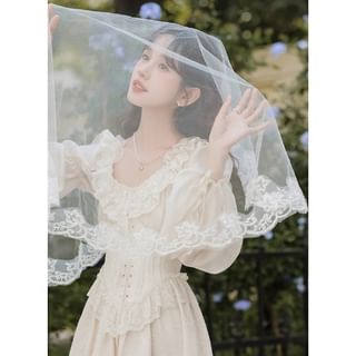 Set: Long-Sleeve Scoop Neck Plain Lace Trim Midi A-Line Corset Dress + Veil