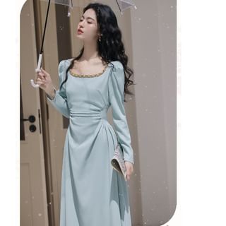 Long-Sleeve Square Neck Beaded Midi A-Line Dress
