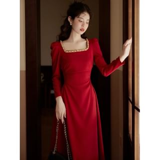 Long-Sleeve Square Neck Beaded Midi A-Line Dress