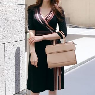 3/4-Sleeve V-Neck Patterned Sashed A-Line Wrap Dress