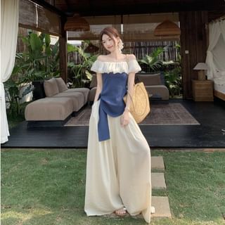 Off-Shoulder Two-Tone Asymmetrical Top / High Rise Wide Leg Pants / Set