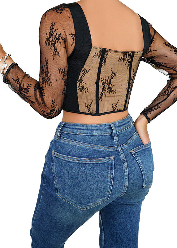 Hohles Patchwork-Top in Schwarz mit Spitze, lässiges, eng anliegendes Design