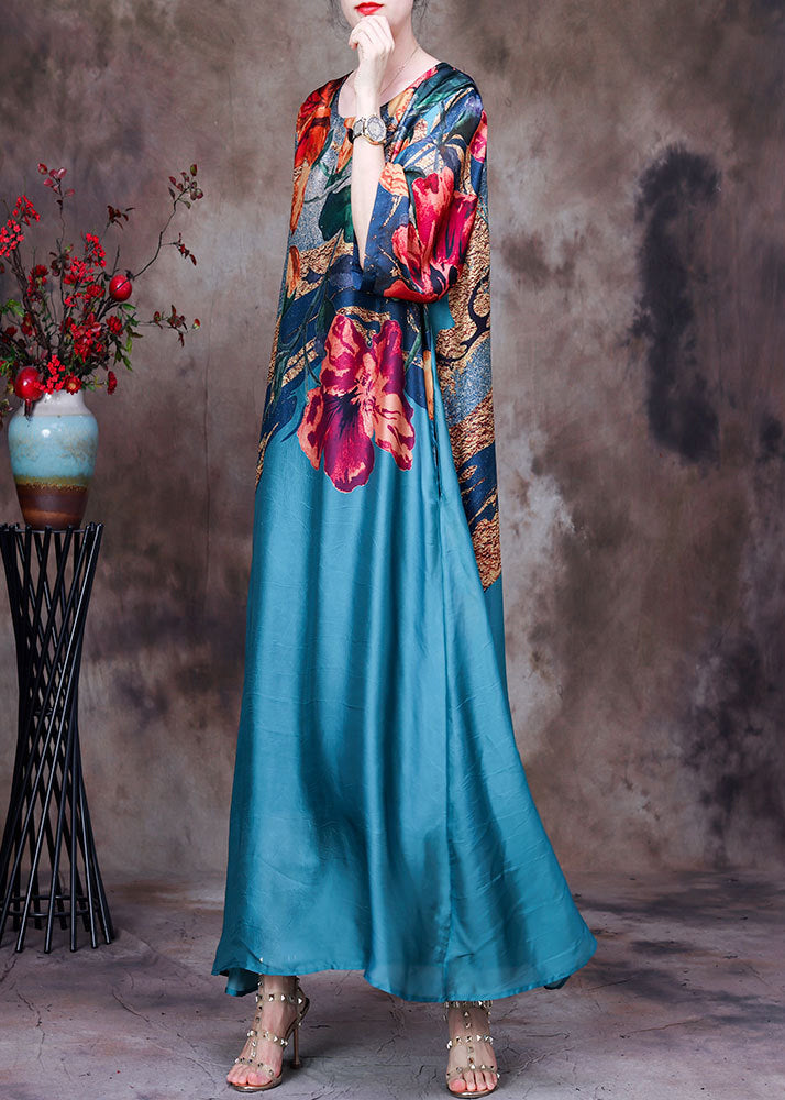 Lake Blue Pockets Print Silk Long Dresses O Neck Half Sleeve AA1030