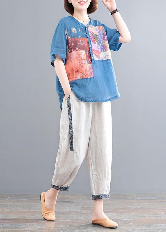 Two Set Lake Piece Summer Print Oversized Blue Linen