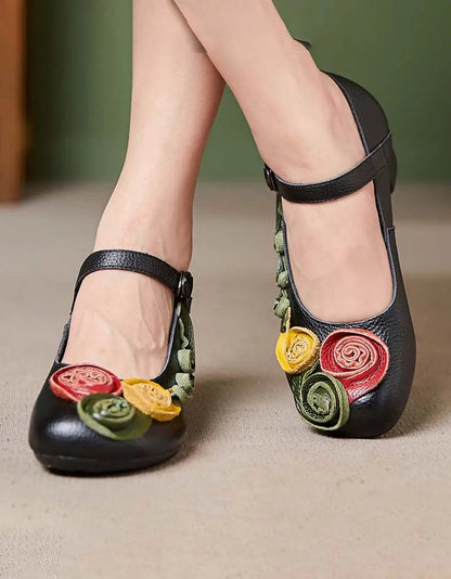 Leather Flowers Front Oriental Chunky Heels Ada Fashion