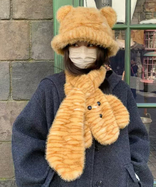 Ensemble bonnet et écharpe en fausse fourrure à imprimé léopard RB050