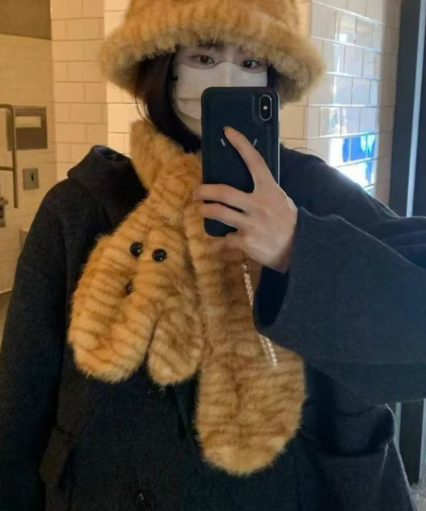 Ensemble bonnet et écharpe en fausse fourrure à imprimé léopard RB050