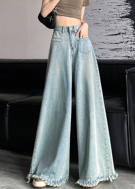 Hellblaue Jeanshose mit weitem Bein und Knöpfen und Quasten AW1006