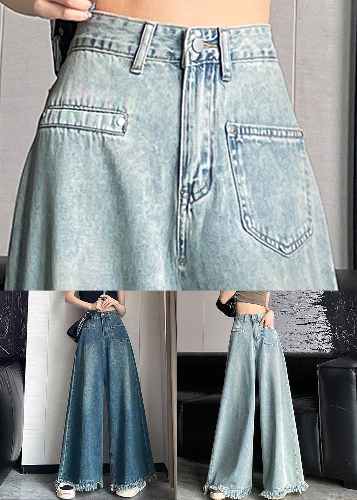 Hellblaue Jeanshose mit weitem Bein und Knöpfen und Quasten AW1006