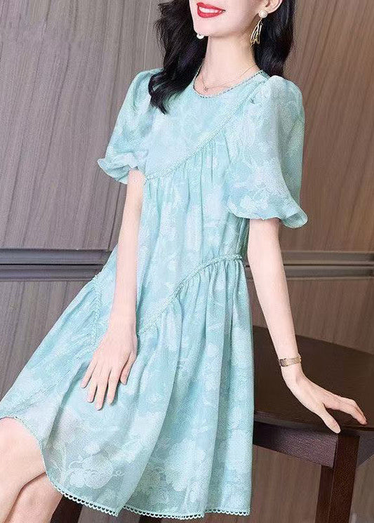 Mid Wrinkled Puffkleid mit O-Ausschnitt und leichten Ärmeln Blau