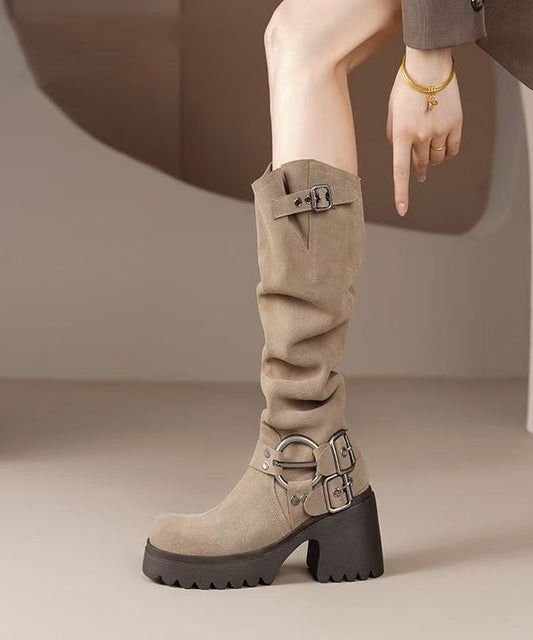 Splicing Camel Suede Chunky Light Boots Heel Buckle