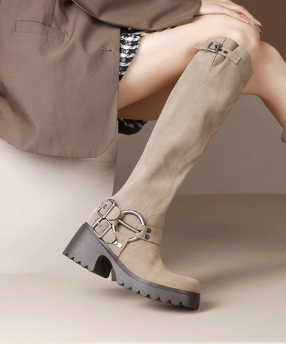 Splicing Camel Suede Chunky Light Boots Heel Buckle