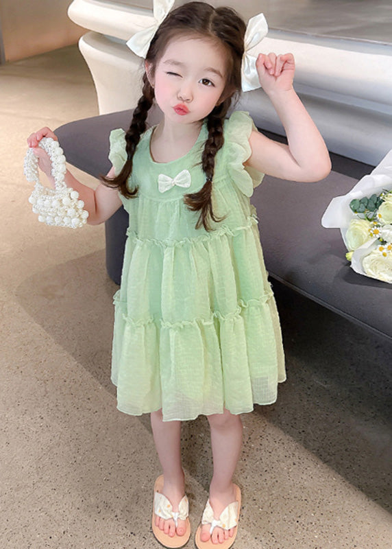 Light Green O-Neck Tulle Girls Mid Dresses Short Sleeve GF022