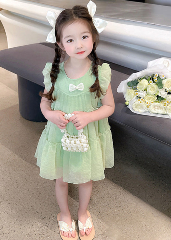 Light Green O-Neck Tulle Girls Mid Dresses Short Sleeve GF022