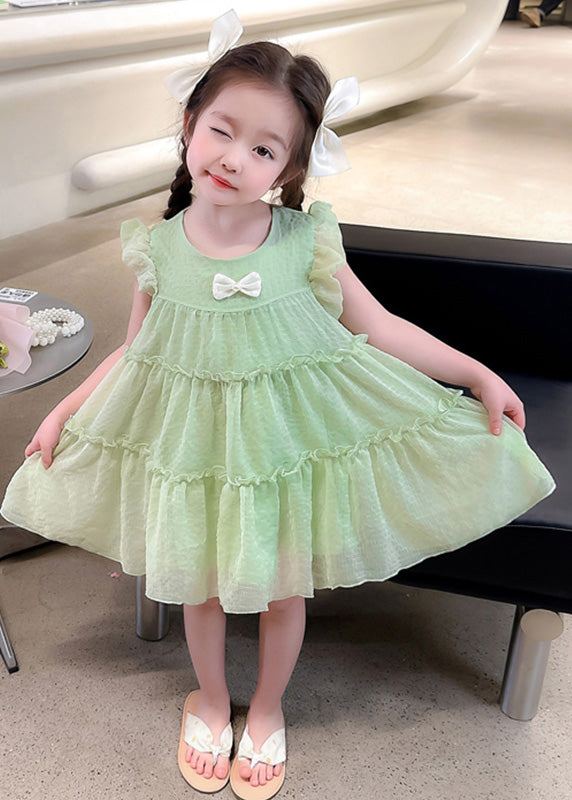 Light Green O-Neck Tulle Girls Mid Dresses Short Sleeve GF022