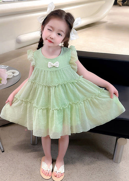 Robe mi-longue en tulle vert clair à col rond et manches courtes pour filles GF022