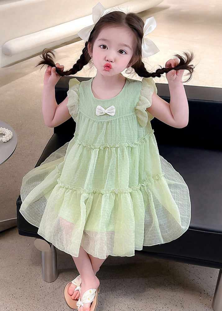 Light Green O-Neck Tulle Girls Mid Dresses Short Sleeve GF022