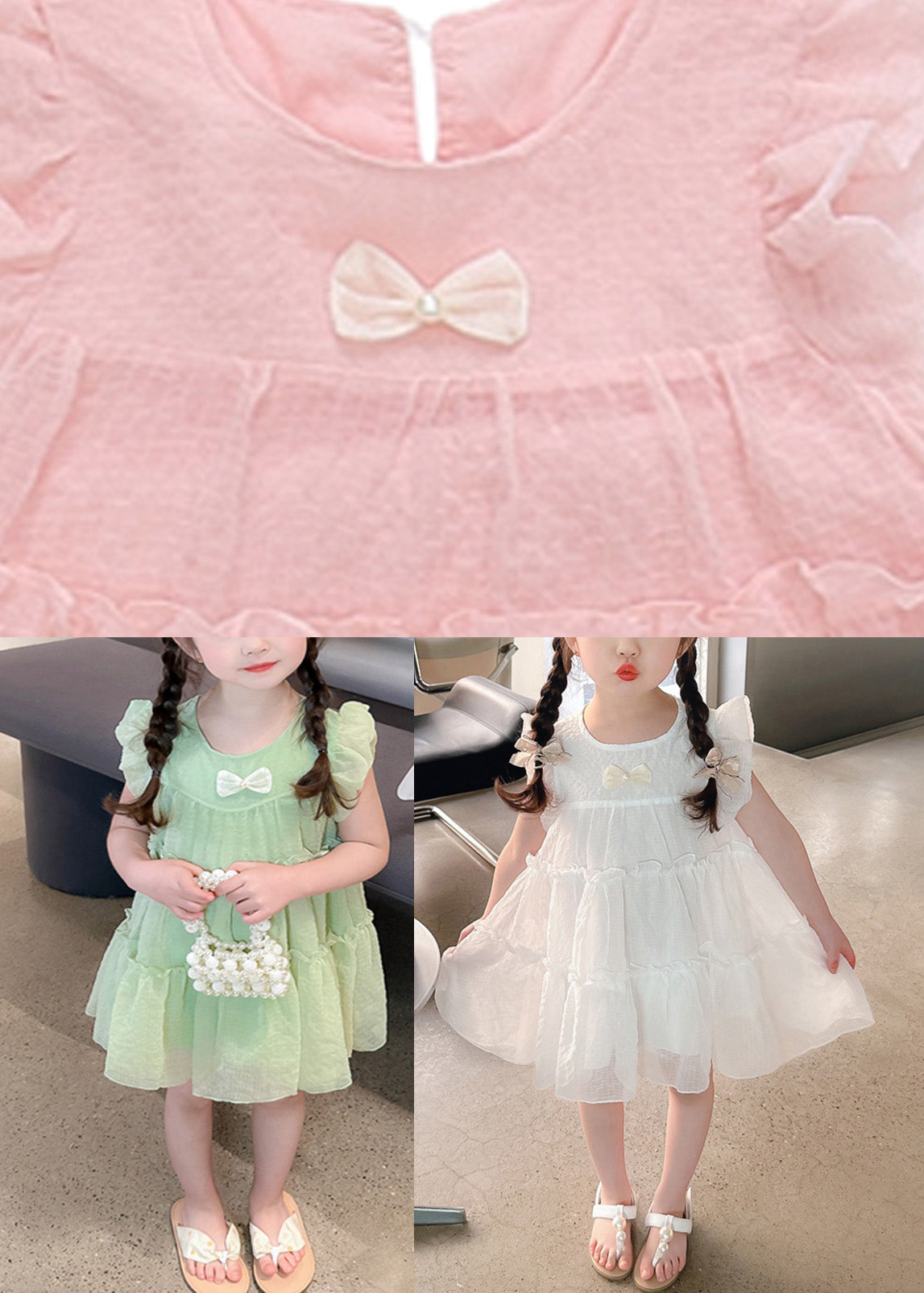 Light Green O-Neck Tulle Girls Mid Dresses Short Sleeve GF022