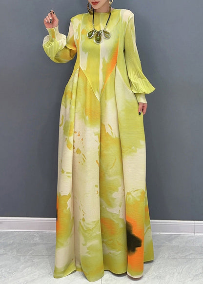 Robe longue en mousseline de soie à imprimé patchwork vert clair à manches longues UU1061