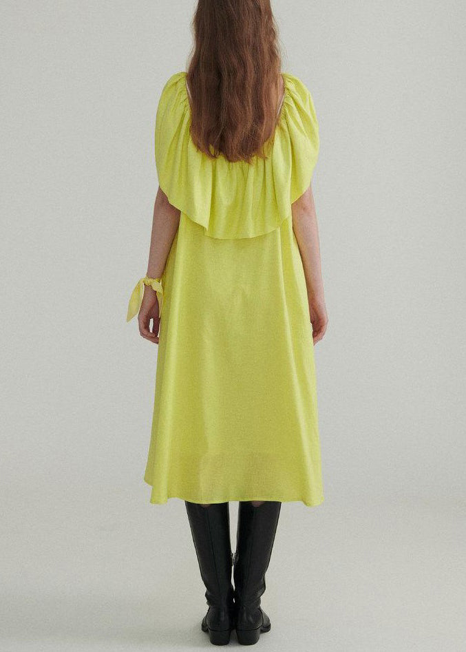 Light Green Solid Linen Dress Ruffled Short Sleeve XX067