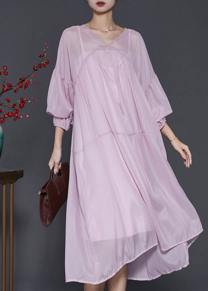 Robe en mousseline de soie violet clair, ensemble deux pièces, manches lanterne surdimensionnées SD1009