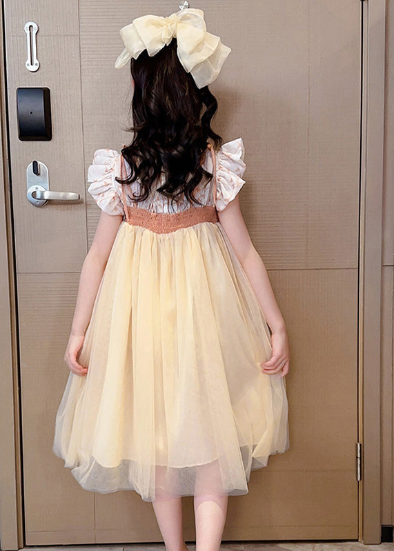 Light Yellow Square Collar Patchwork Tulle Girls Long Dresses Summer GF021