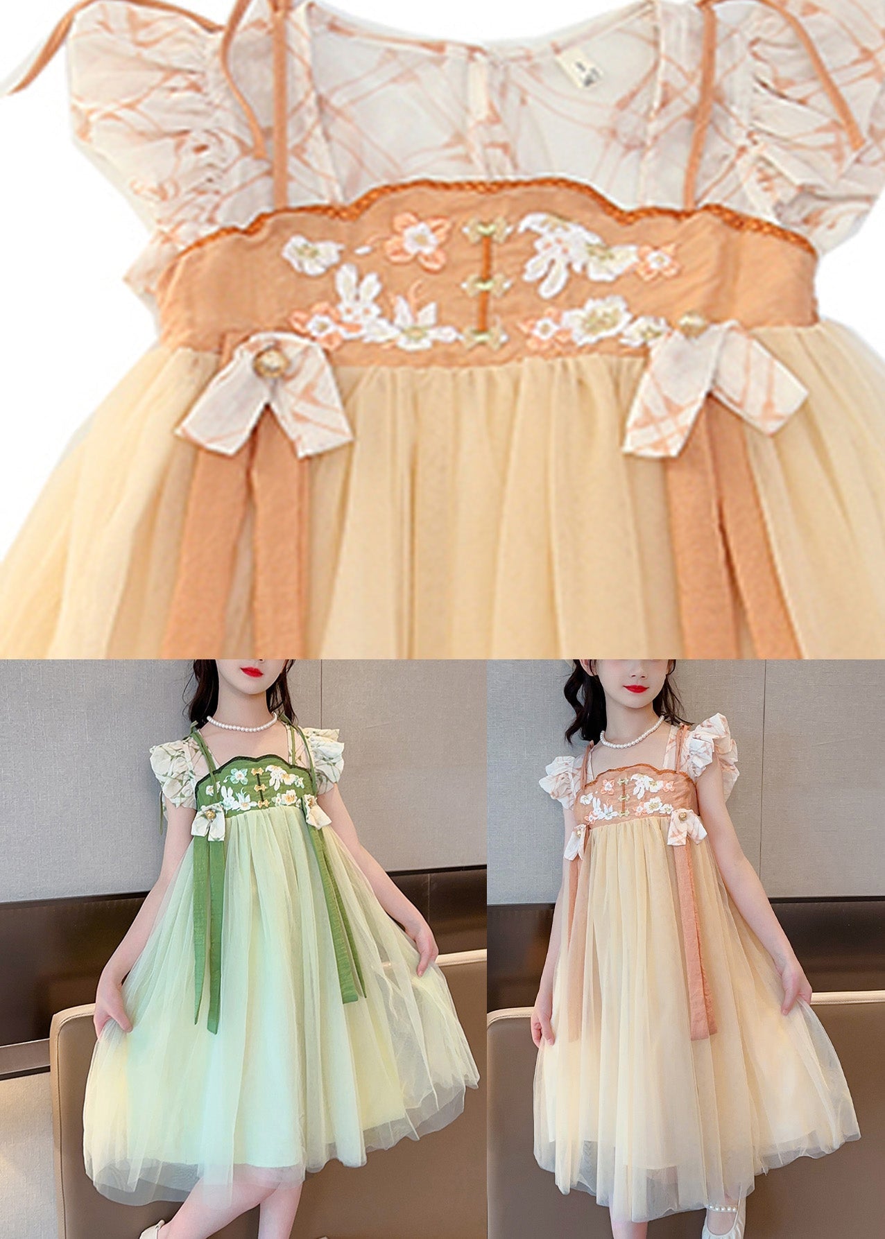 Light Yellow Square Collar Patchwork Tulle Girls Long Dresses Summer GF021