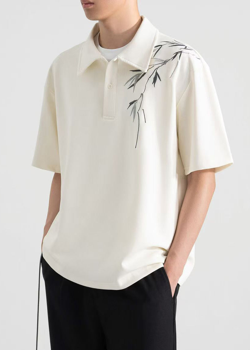 Lose Baumwolle Herren Apricot Shirt Polo Button Print Sommer