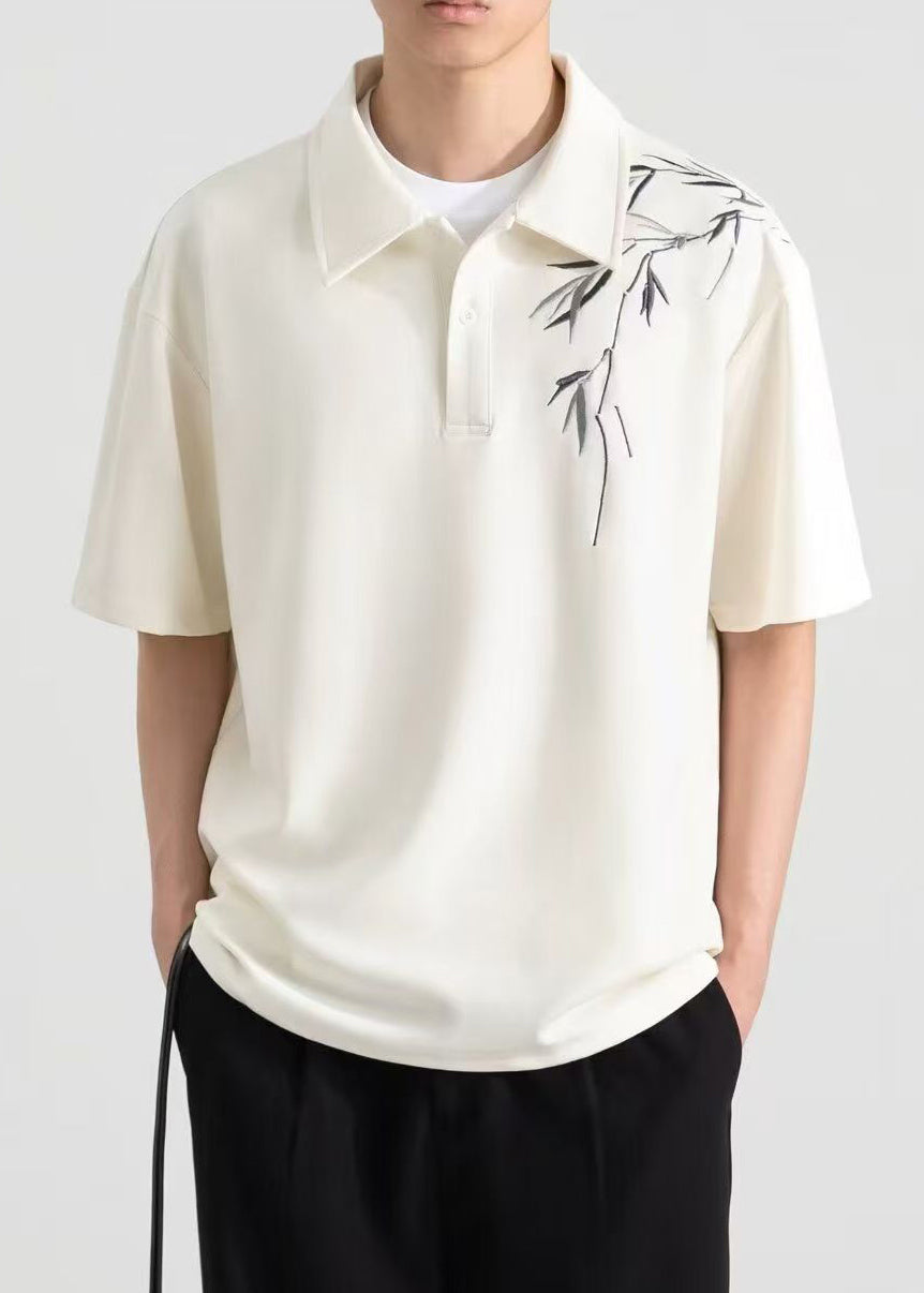 Lose Baumwolle Herren Apricot Shirt Polo Button Print Sommer