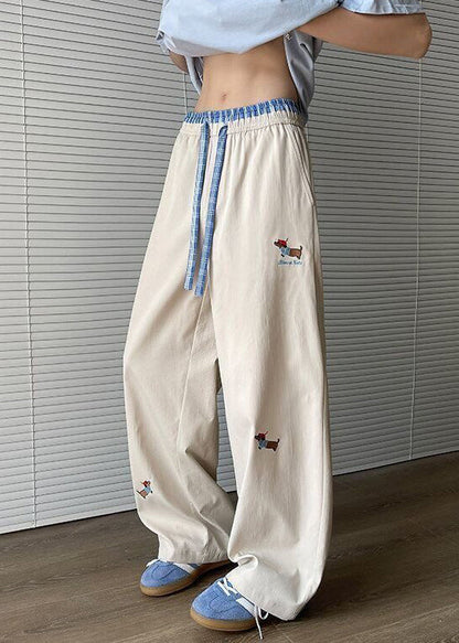 Pantalon ample en coton avec cordon de serrage et poches pour homme, brodé, abricot