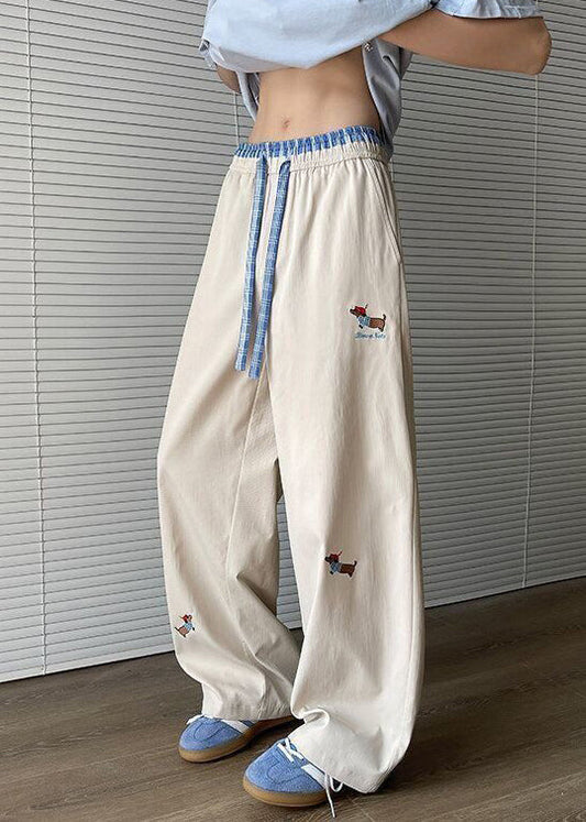 Pantalon ample en coton avec cordon de serrage et poches pour homme, brodé, abricot