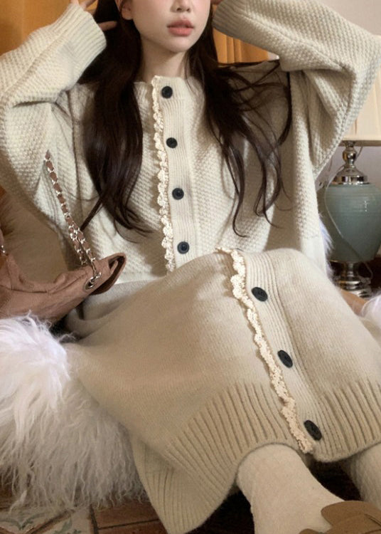 Robe ample en tricot patchwork à col rond et boutons en dentelle, couleur abricot, printemps YY016