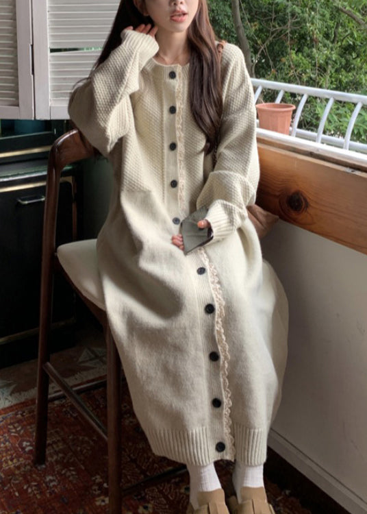 Robe ample en tricot patchwork à col rond et boutons en dentelle, couleur abricot, printemps YY016