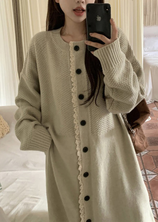 Robe ample en tricot patchwork à col rond et boutons en dentelle, couleur abricot, printemps YY016