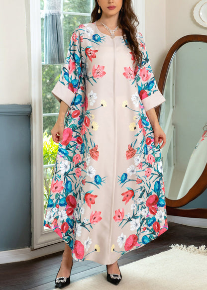 Loose Apricot O Neck Print Cotton Robe Dresses Spring AA1020