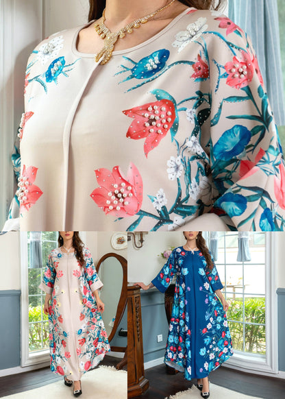 Loose Apricot O Neck Print Cotton Robe Dresses Spring AA1020