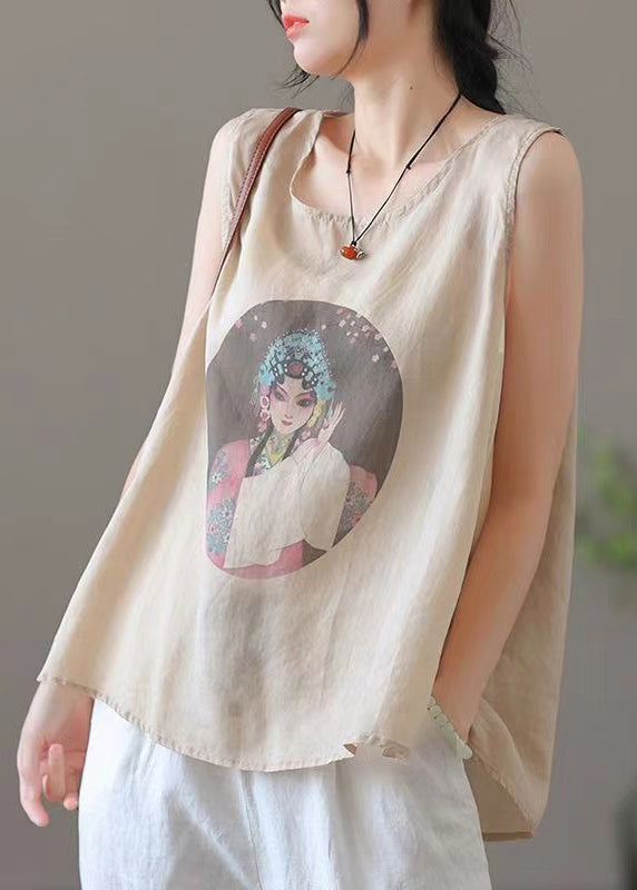 Loose Apricot O-Neck Print Linen Tank Sleeveless RE021