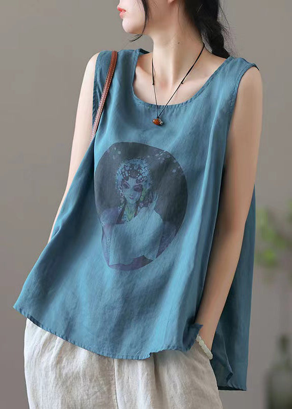 Loose Apricot O-Neck Print Linen Tank Sleeveless RE021