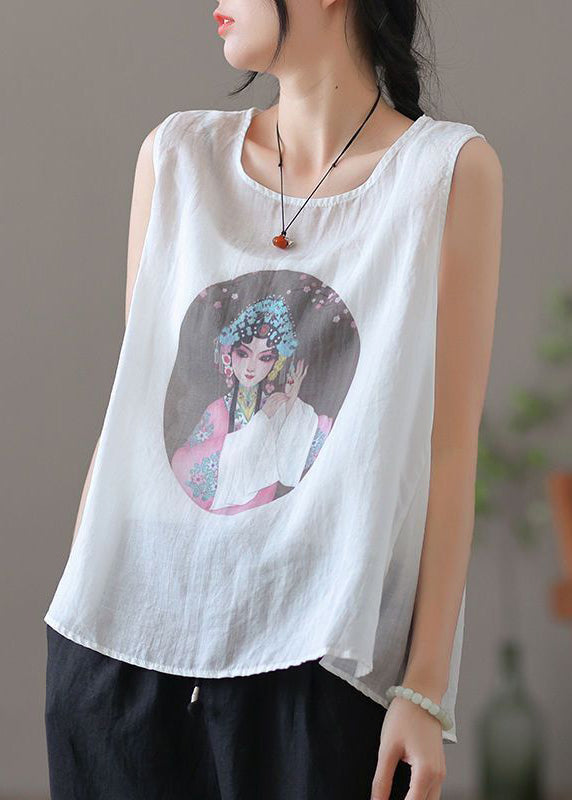 Loose Apricot O-Neck Print Linen Tank Sleeveless RE021