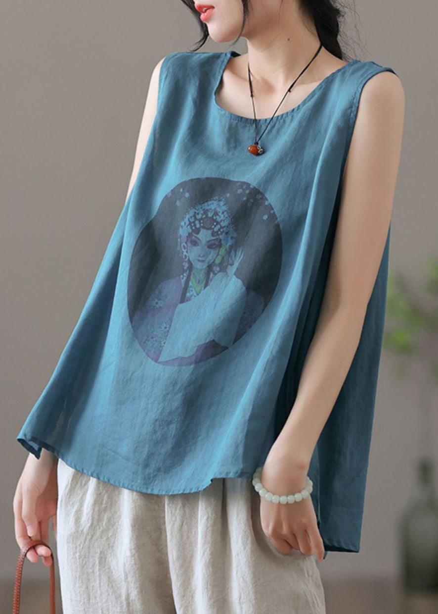 Loose Apricot O-Neck Print Linen Tank Sleeveless RE021