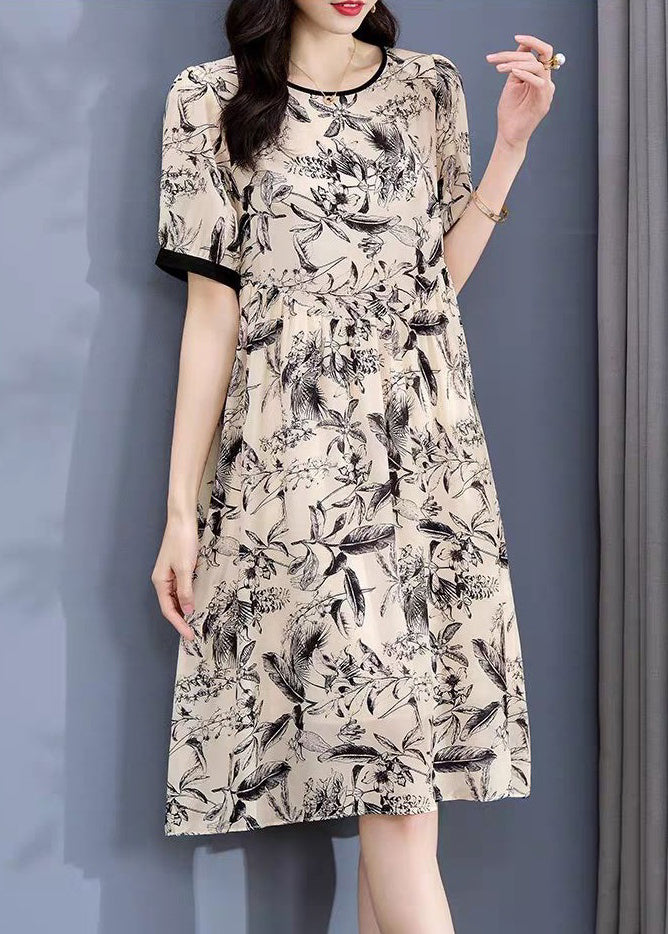 Loose Apricot O Neck Print Silk Dress Short Sleeve OP1074