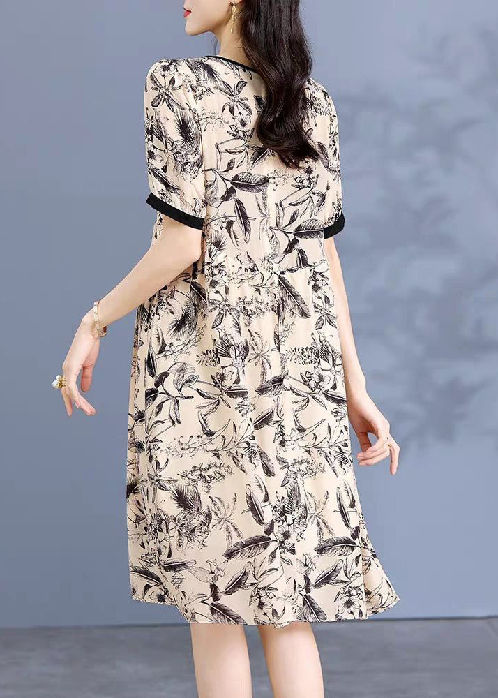 Loose Apricot O Neck Print Silk Dress Short Sleeve OP1074